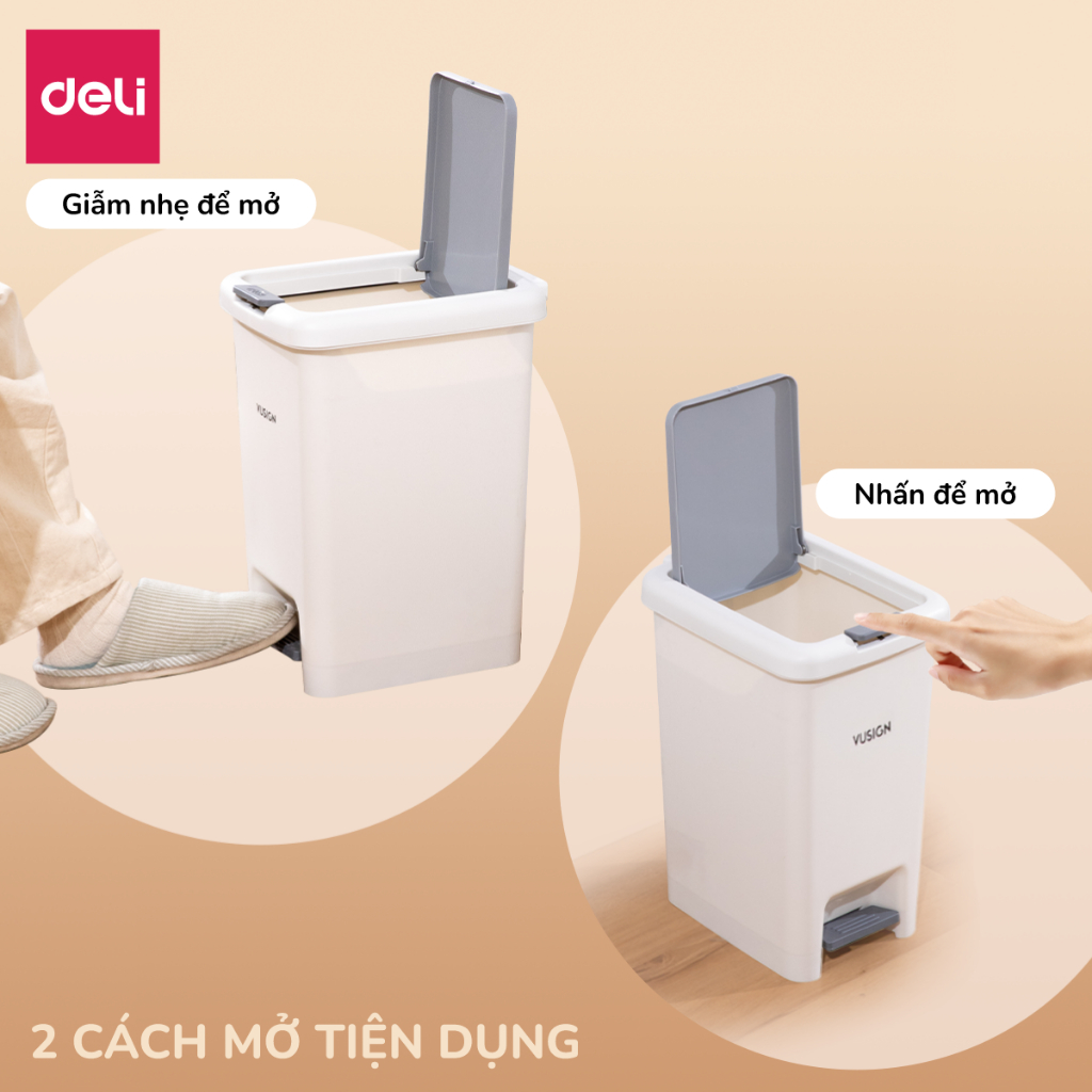 Thùng rác đạp chân hình chữ nhật 10,15L Deli Thùng rác có nắp ấn mở chống mùi sọt rác để phòng khách phòng ngủ