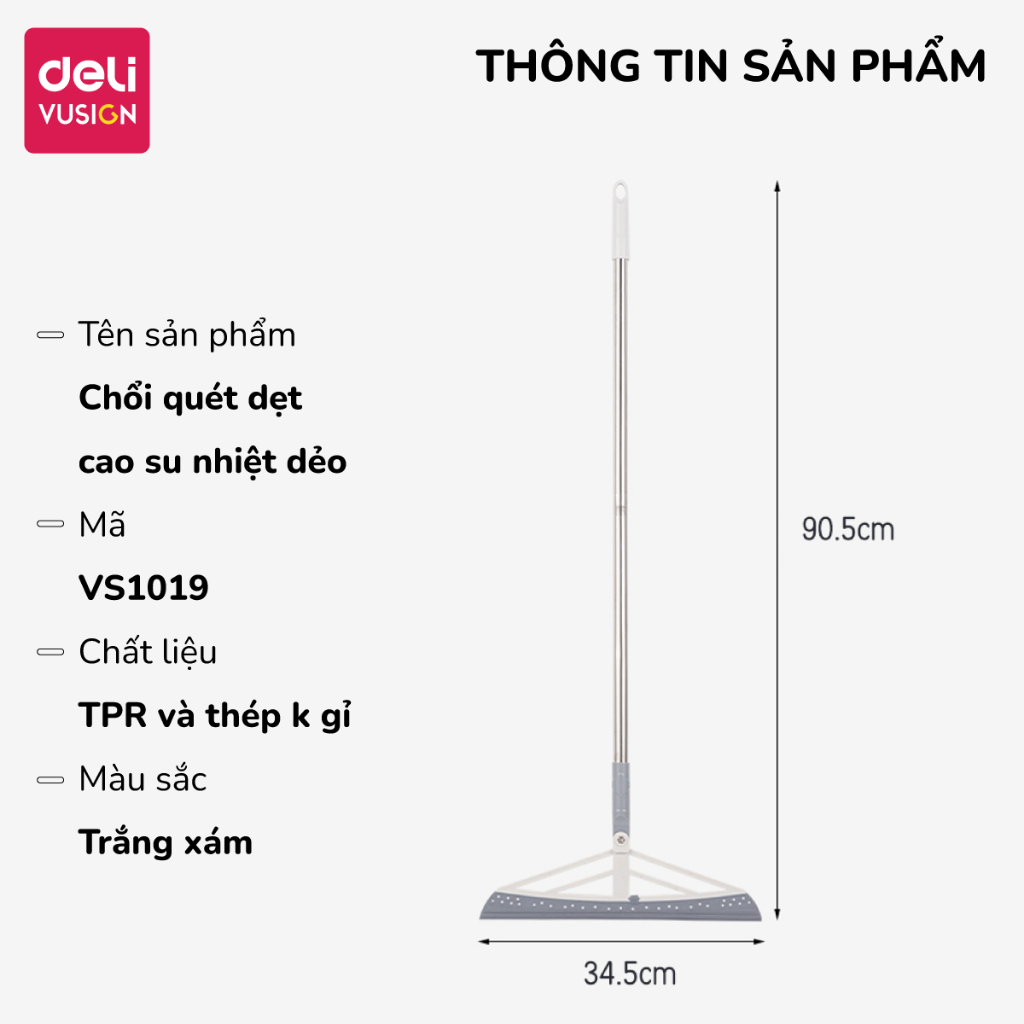 Cây gạt nước sàn nhà, chổi gạt nước nhà tắm Deli Đầu Silicon Xoay 180 độ, Cán Inox