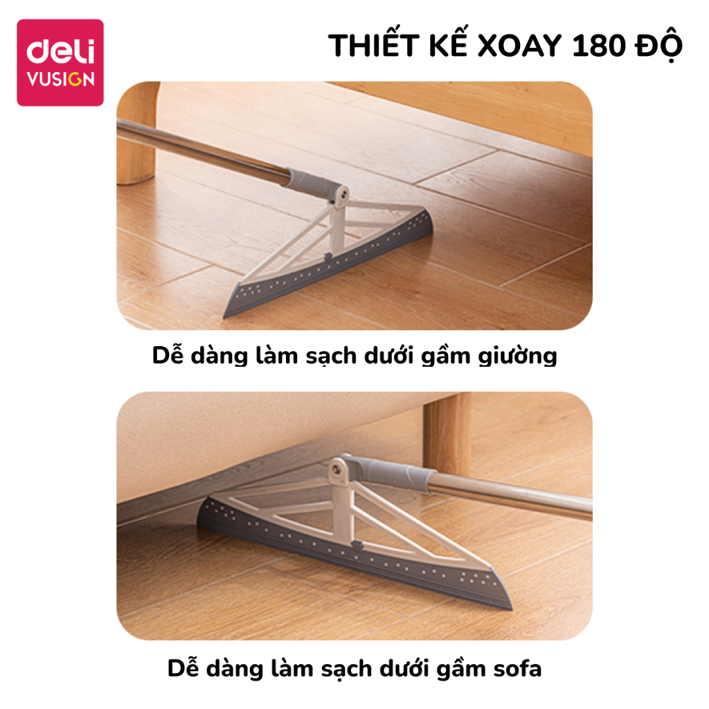 Cây gạt nước sàn nhà, chổi gạt nước nhà tắm Deli Đầu Silicon Xoay 180 độ, Cán Inox