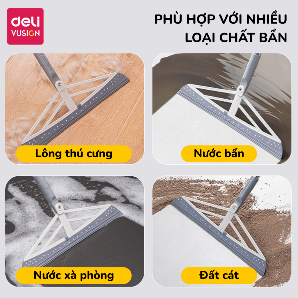 Cây gạt nước sàn nhà, chổi gạt nước nhà tắm Deli Đầu Silicon Xoay 180 độ, Cán Inox