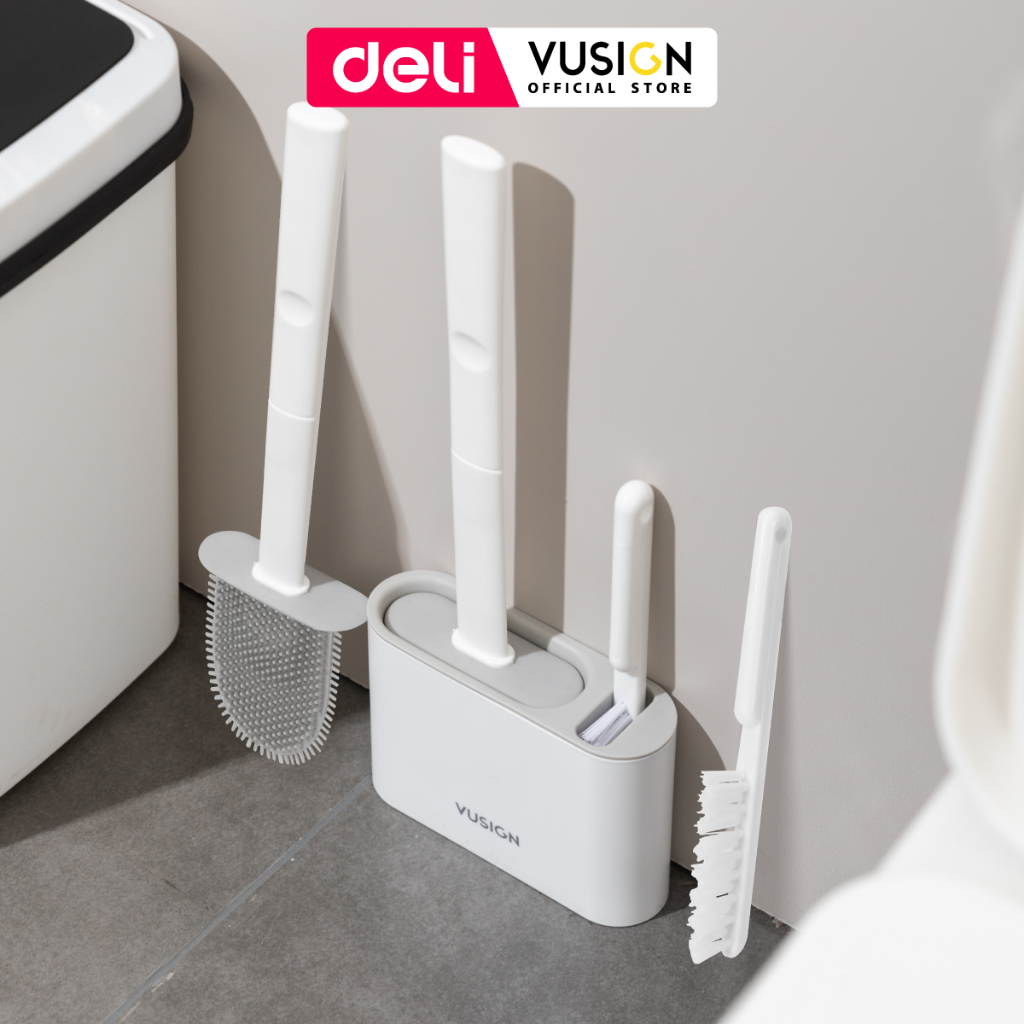 Cọ bồn cầu, chổi cọ toilet silicone Deli 2 dụng cụ kèm hộp có thể treo tường, cọ chà toilet nhà vệ sinh