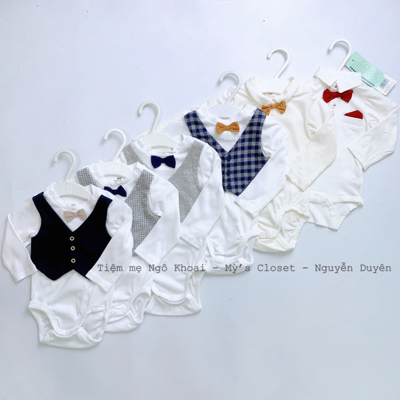 [MD67] H.M Body suit /áo liền thân dài tay cổ nơ công tử mặc đầy tháng cho bé