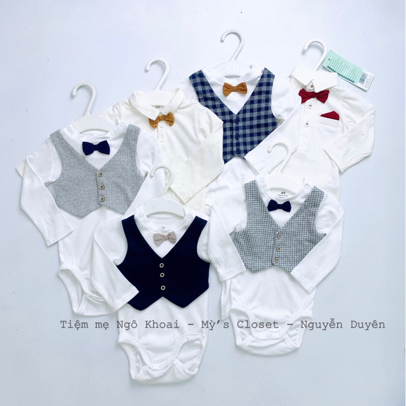 [MD67] H.M Body suit /áo liền thân dài tay cổ nơ công tử mặc đầy tháng cho bé