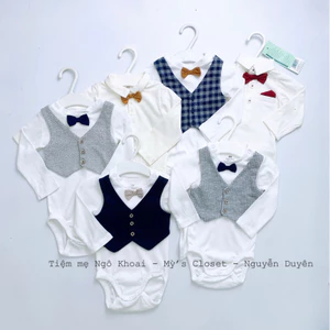 H.M Body suit /áo liền thân dài tay cổ nơ công tử mặc đầy tháng cho bé