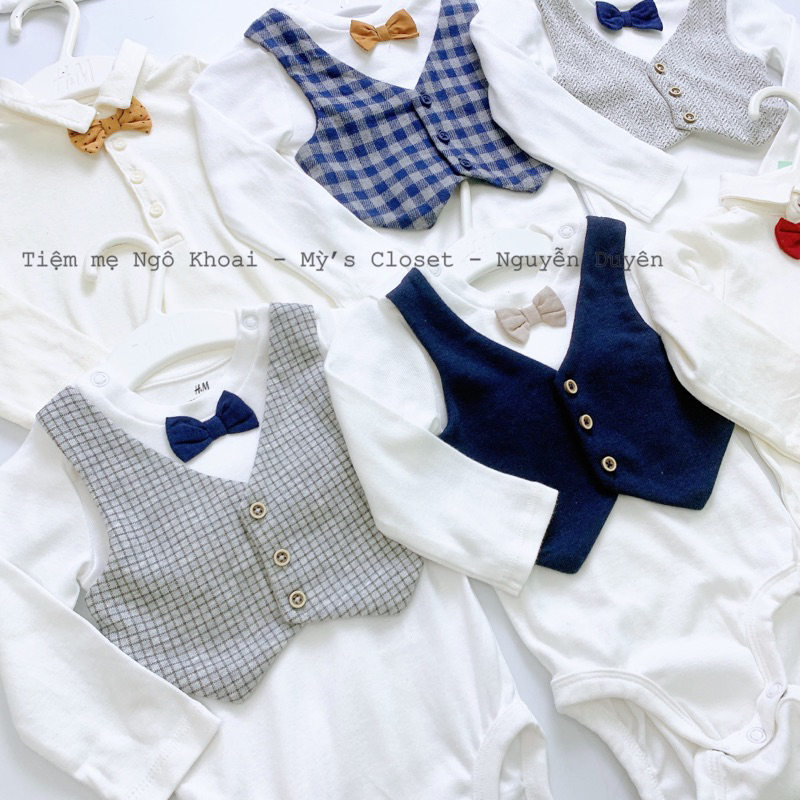 [MD67] H.M Body suit /áo liền thân dài tay cổ nơ công tử mặc đầy tháng cho bé