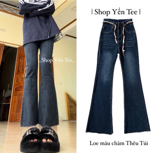 Quần jeans ống loe xanh chàm đậm tôn da , thiết kế thêu túi sau Yến Tee Shop #10032