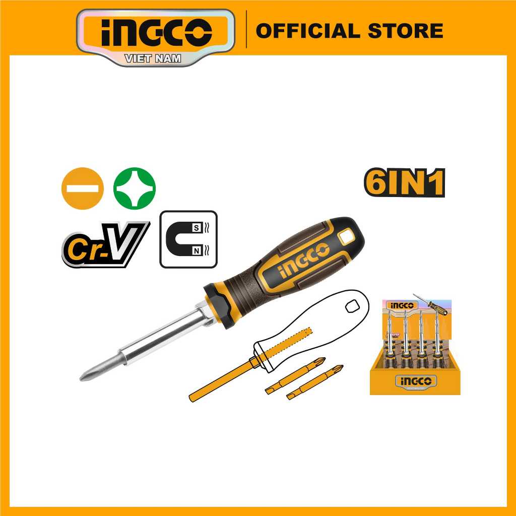 Ảnh Bộ tua vít 6 đầu INGCO AKISD0608 01 thân tua vít thông minh SL5, SL6, PH1, PH2, 6mm, 8mm 1