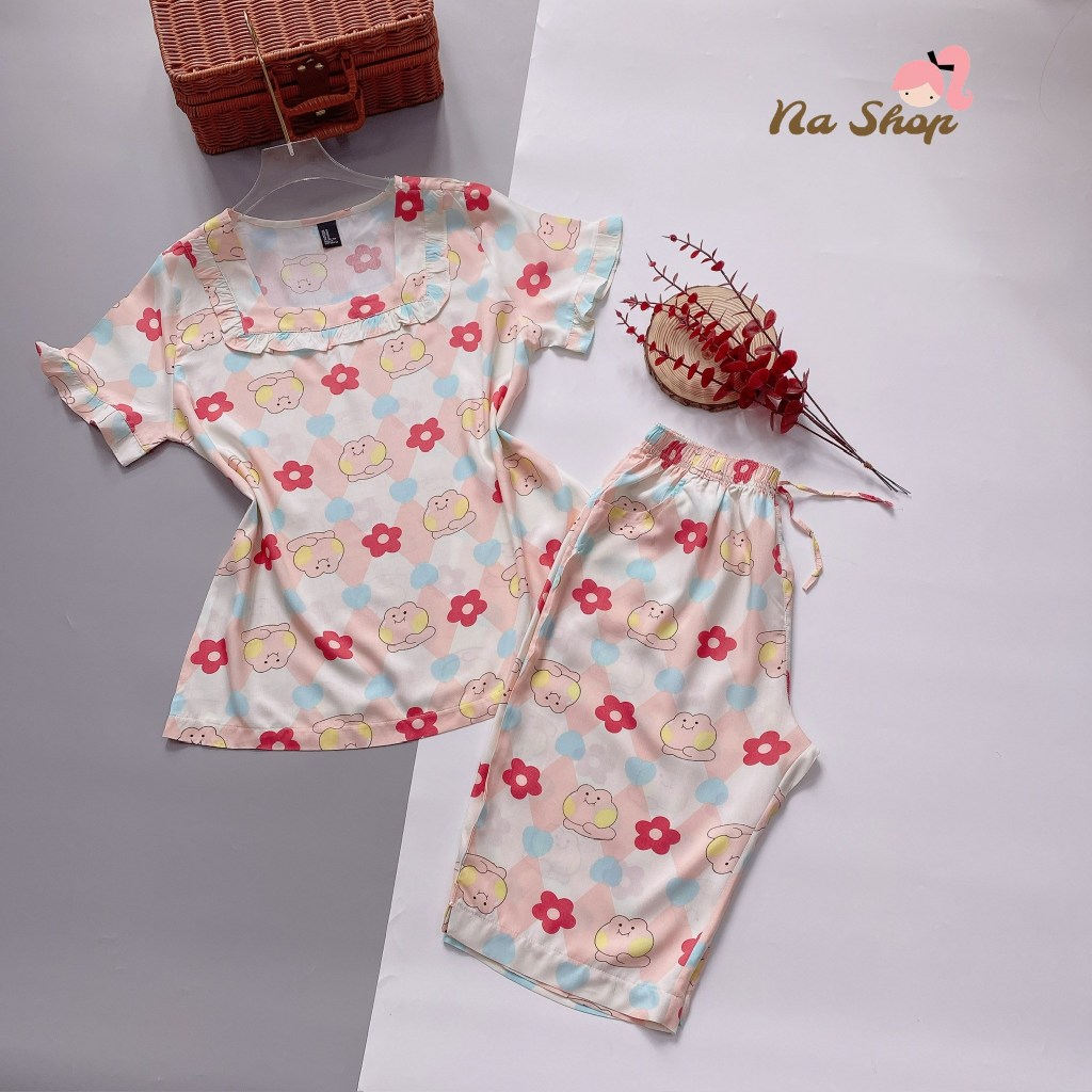 CV21 - Đồ bộ tole lanh quần lửng cổ vuông có tay, vải mát mịn, form dễ mặc, họa tiết dễ thương 40-75kg nashop