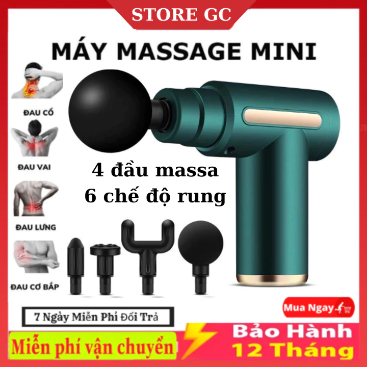 Máy Massage Cầm Tay Mini Đấm Lưng Mát Xa Trị Liệu Cổ Vai Gáy Có 4 Đầu Massa 6 Chế Độ Rung, Sạc USB