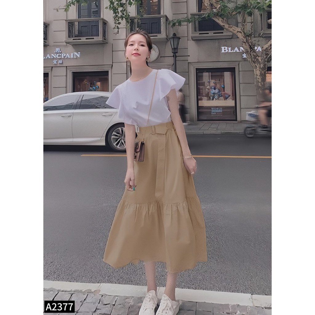 Set bộ áo sơ mi phối chân váy xèo 2 màu đen, be A2377