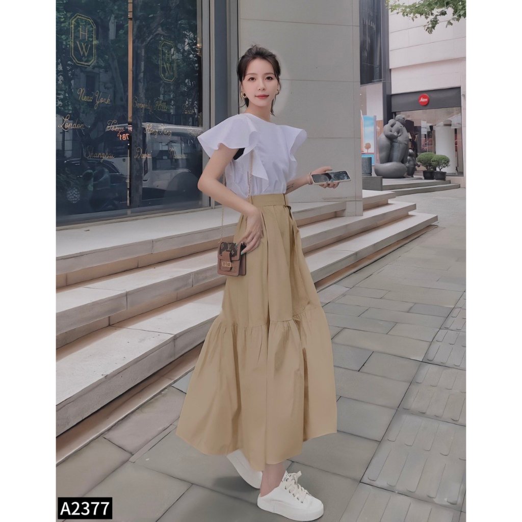 Set bộ áo sơ mi phối chân váy xèo 2 màu đen, be A2377