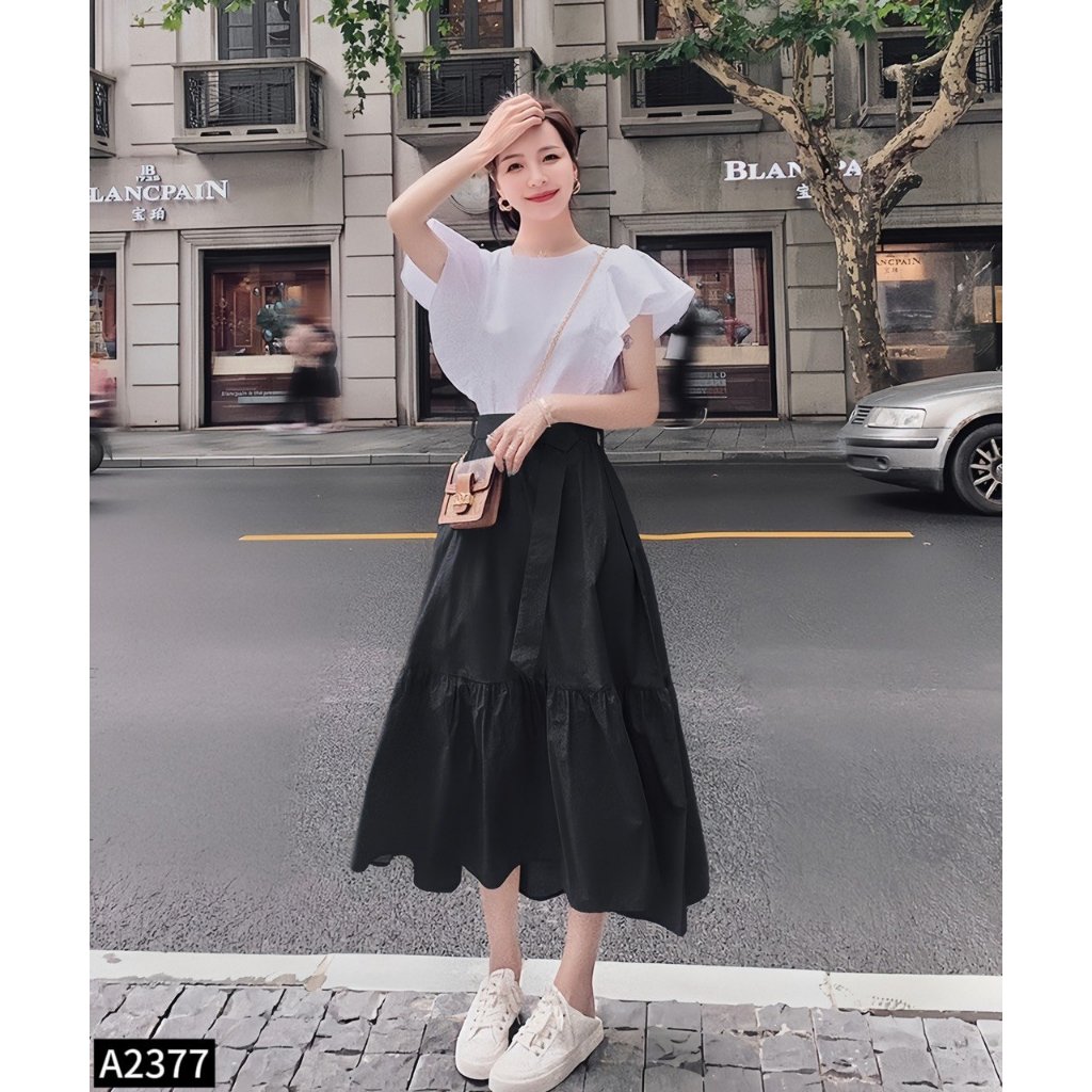 Set bộ áo sơ mi phối chân váy xèo 2 màu đen, be A2377