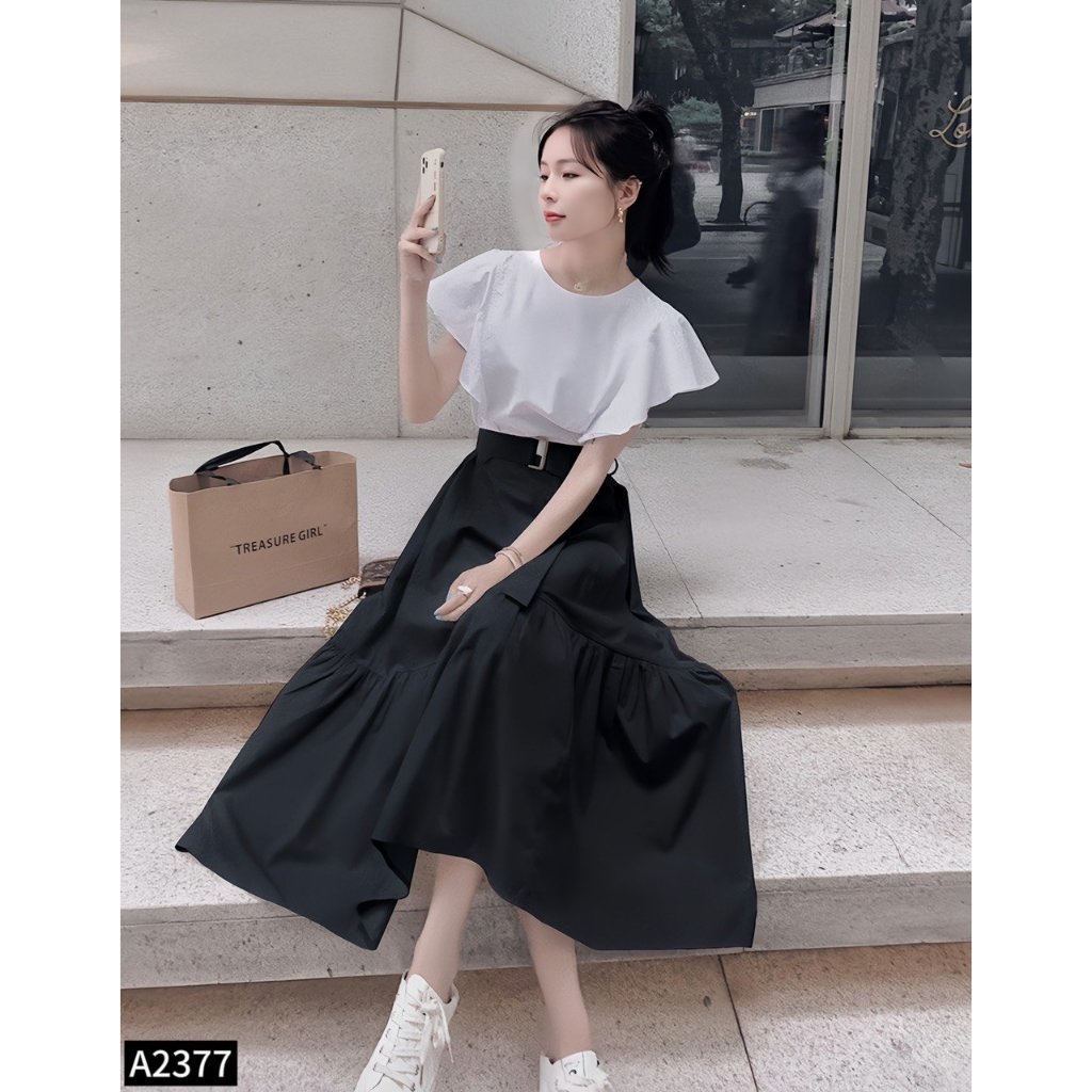 Set bộ áo sơ mi phối chân váy xèo 2 màu đen, be A2377
