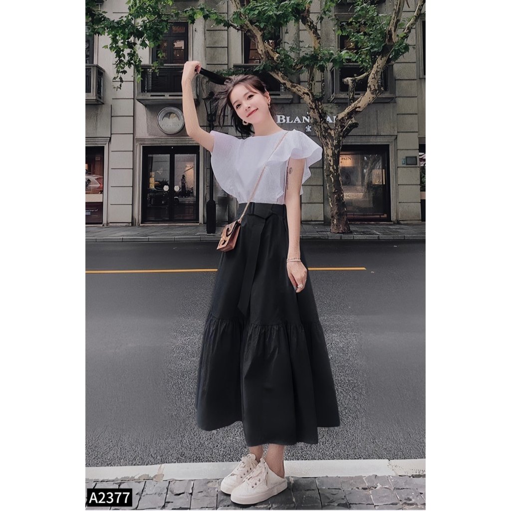 Set bộ áo sơ mi phối chân váy xèo 2 màu đen, be A2377