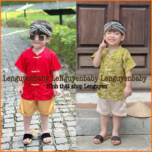 Bộ gấm quần đùi bé trai (7-25kg) [CHẤT GẤM MÁT MẺ] - mặc cho bé đi học, đi chơi, đi lễ hội