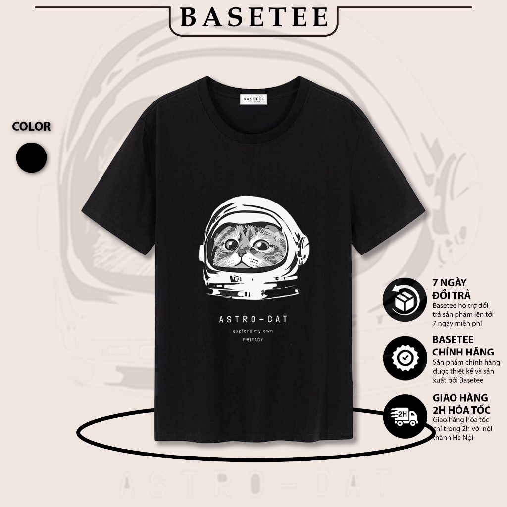 Áo thun đen in hình Astro Cat co dãn thấm hút mồ hôi đủ size 40-100kg form rộng Basetee Unisex