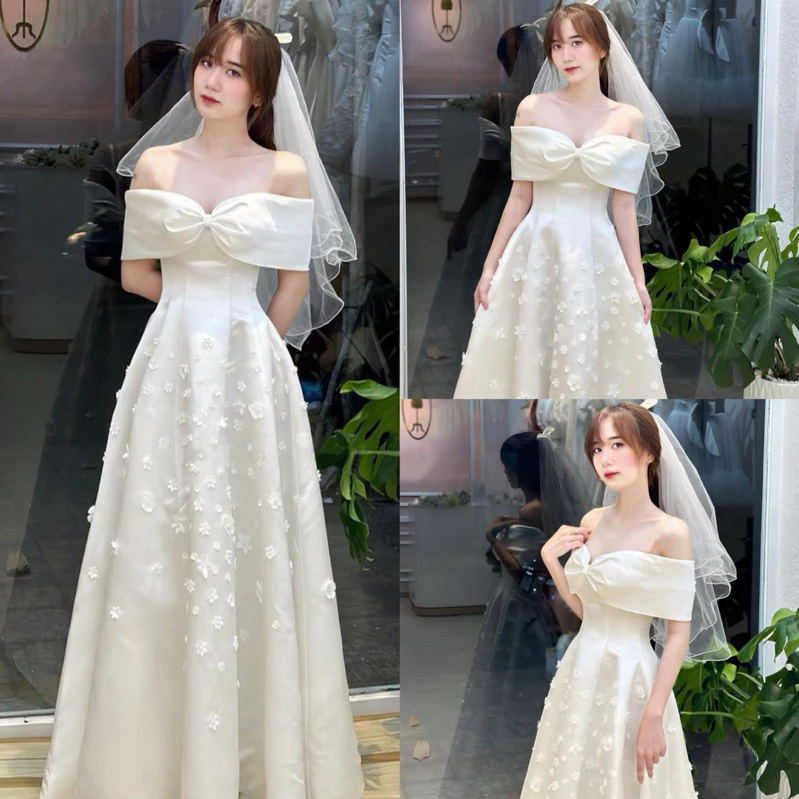 Váy cô dâu đi bàn cô dâu lilystore đầm xoè cúp ngực đính hoa + trễ vai nơ siêu xinh ( hàng có sẵn) full size s/m/l/xl
— ảnh 1