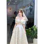 Váy cô dâu đi bàn cô dâu lilystore đầm xoè cúp ngực đính hoa + trễ vai nơ siêu xinh ( hàng có sẵn) full size s/m/l/xl  — ảnh 4