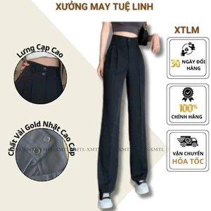 Quần tây nữ ống suông rộng cạp cao 7cm có 2 khuy kèm túi vải gold Nhật mềm đẹp không nhăn (M868) CTM