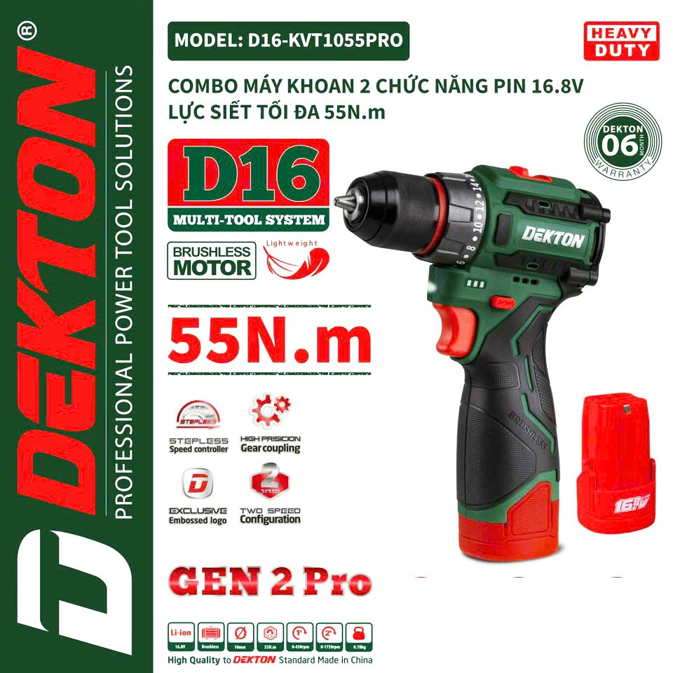 Máy Khoan Đầu Cặp 10MM Dekton D16 - KVT1055PRO / Motor Brushless / Lực Siết 55Nm