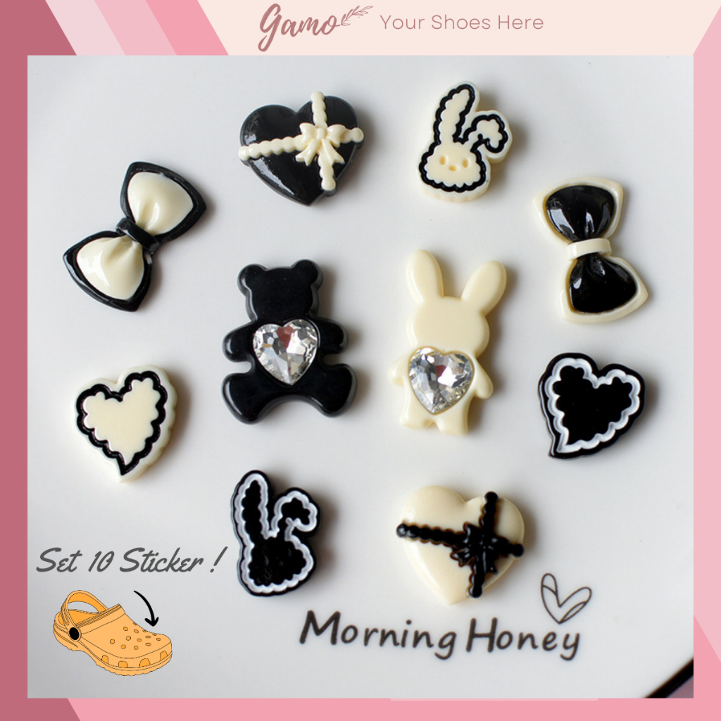 Bộ 10 Charm, Sticker chủ đề thỏ trắng gấu đen lớn Gamo gắn Dép Cross ...