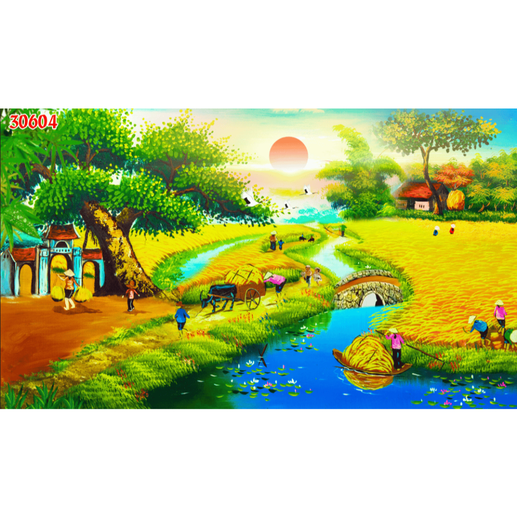 Tranh Vải Lụa Dán Tường 3D Đồng Quê Giả Sơn Dầu tặng Keo + dụng cụ....