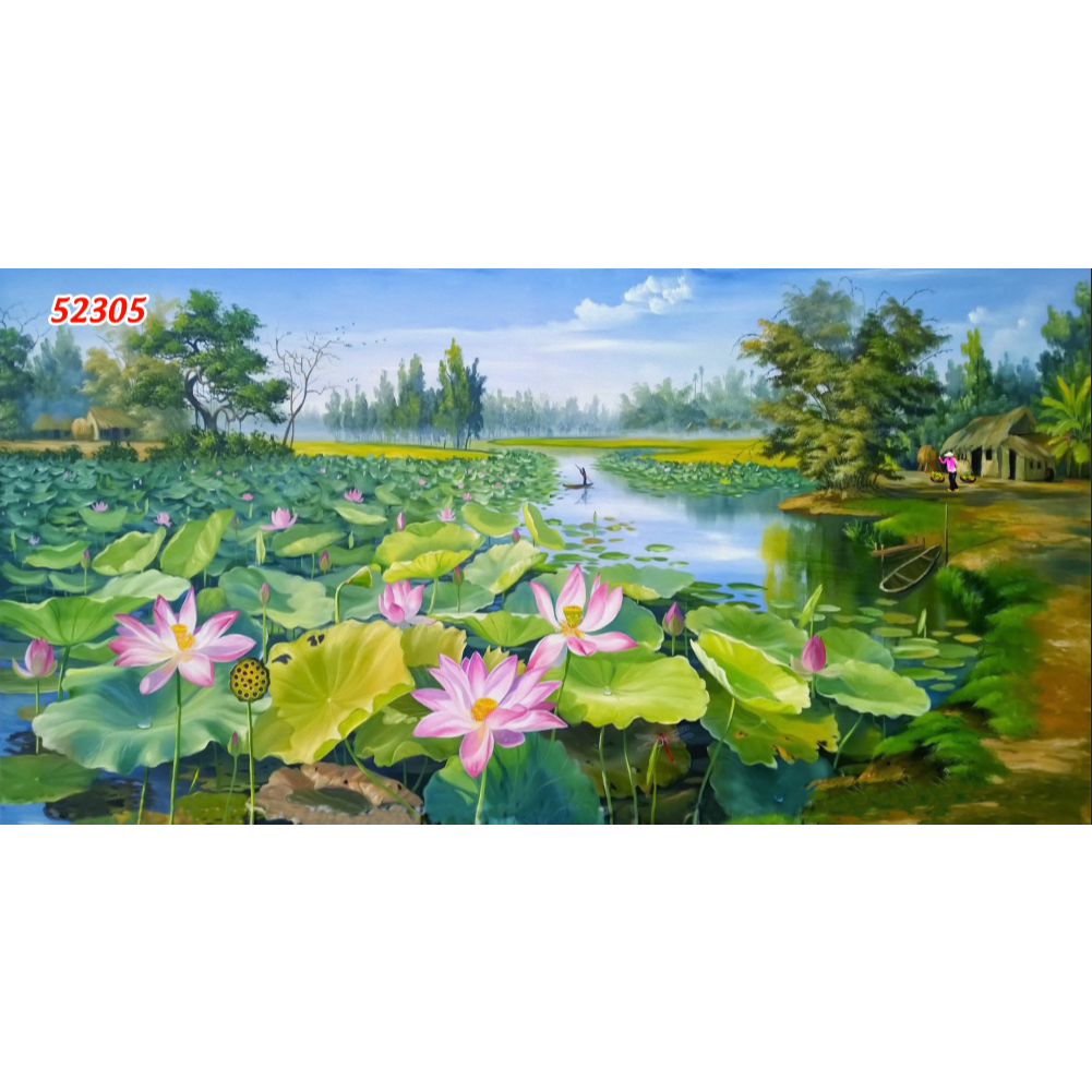 Tranh Vải Lụa Dán Tường 3D Đồng Quê Giả Sơn Dầu tặng Keo + dụng cụ....