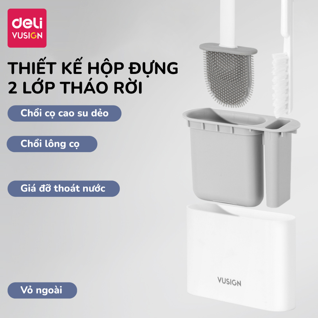 Cọ bồn cầu, chổi cọ toilet silicone Deli 2 dụng cụ kèm hộp có thể treo tường, cọ chà toilet nhà vệ sinh