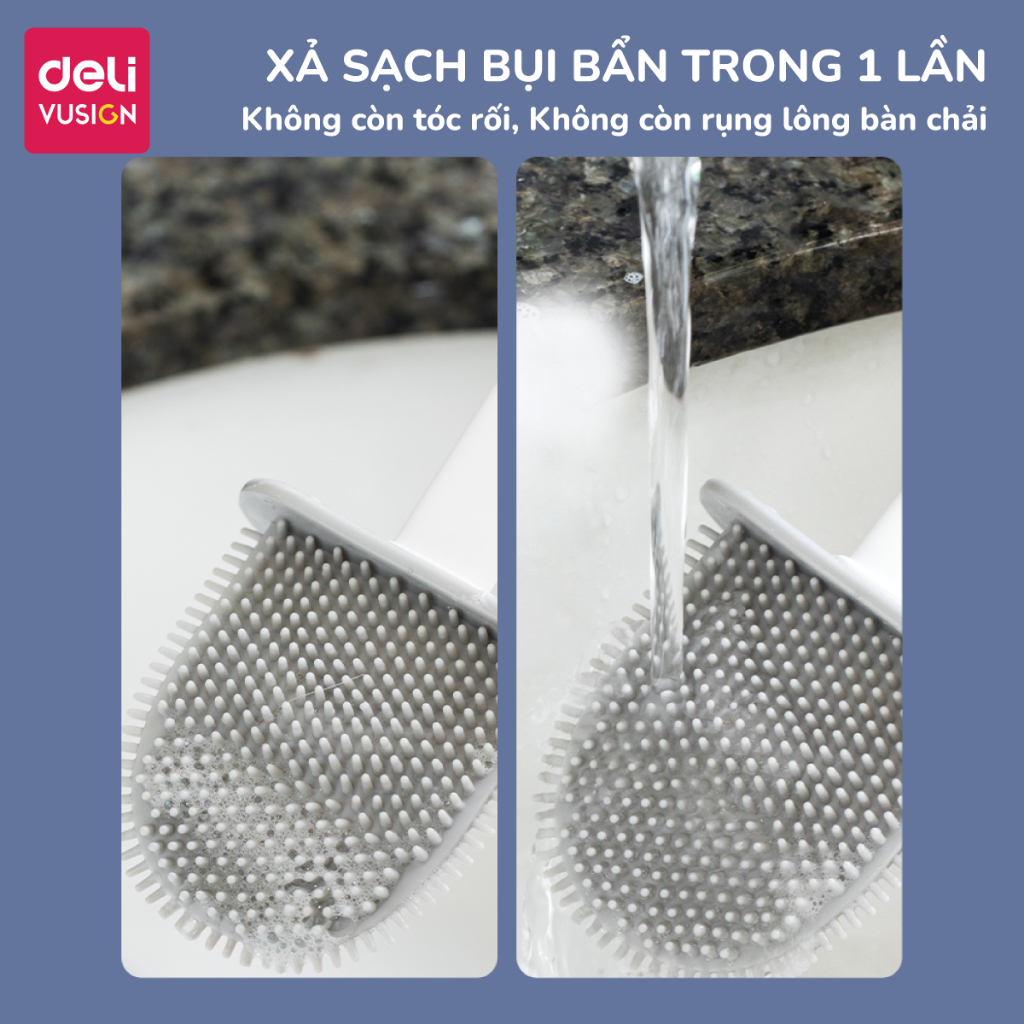 Cọ bồn cầu, chổi cọ toilet silicone Deli 2 dụng cụ kèm hộp có thể treo tường, cọ chà toilet nhà vệ sinh