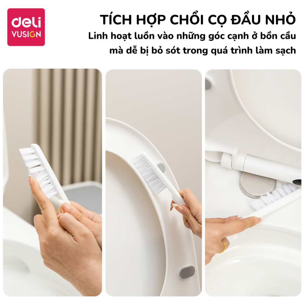 Cọ bồn cầu, chổi cọ toilet silicone Deli 2 dụng cụ kèm hộp có thể treo tường, cọ chà toilet nhà vệ sinh