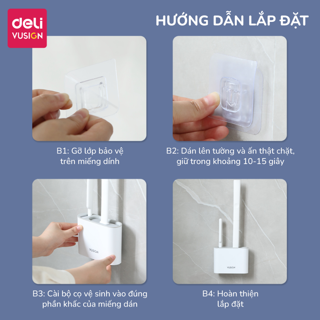Cọ bồn cầu, chổi cọ toilet silicone Deli 2 dụng cụ kèm hộp có thể treo tường, cọ chà toilet nhà vệ sinh