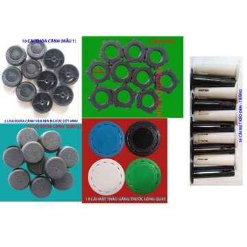 10 cái chặn lồng quạt (khóa lồng quạt), 10 cái chặn cánh quạt (khóa cánh quạt), 10 cái nút kéo, 10 cái mặt thảo