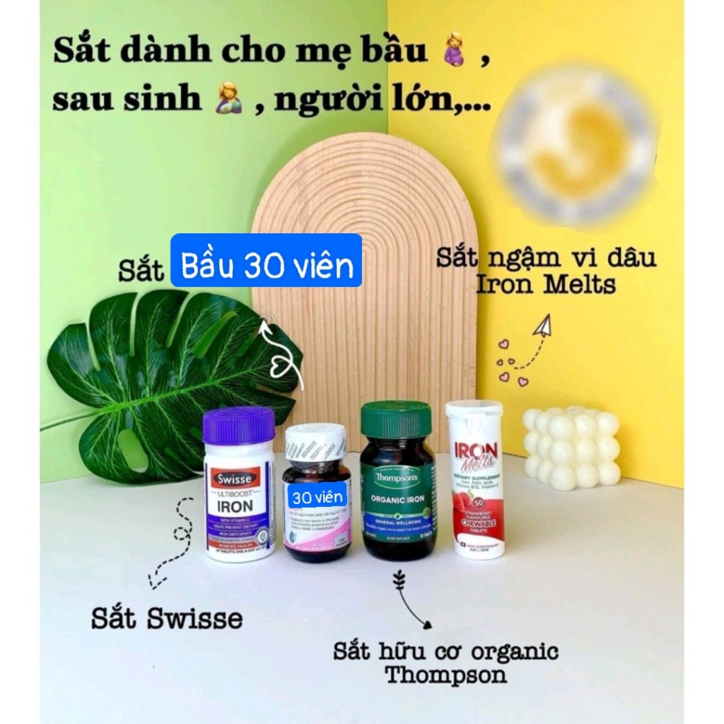 Viên uống sắt hữu cơ, sắt swisse ultiboost iron với vitamin c, tảo xoắn 30 viên úc phòng thiếu máu không gây táo bón cho