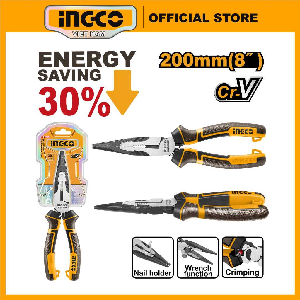 Ảnh Kìm mũi nhọn dài đa năng INGCO HHLNP28200 thép Cr-V 30% kềm dài 200mm cao cấp 1
