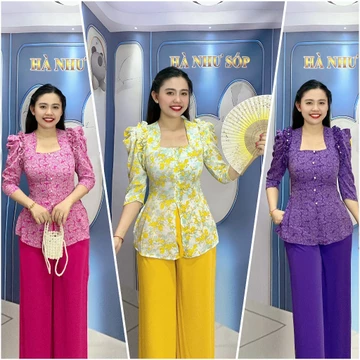 Áo Bà Ba cổ vuông Vay nhún kèm quần lụa ống rộng có túi, vải lụa mềm mịn (size: 45-70kg) - ÁO BÀ BA HÀ NHƯ