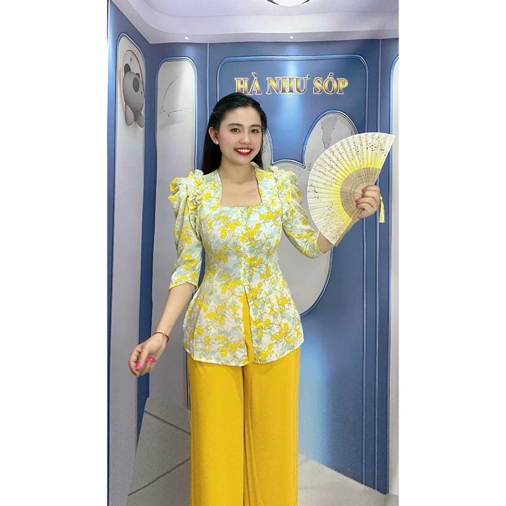 Áo Bà Ba cổ vuông Vay nhún kèm quần lụa ống rộng có túi, vải lụa mềm mịn (size: 45-70kg) - ÁO BÀ BA HÀ NHƯ