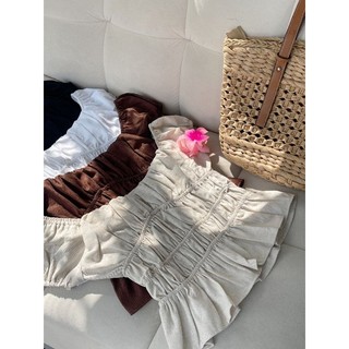 Màu Be - Áo Cộc Tay Cổ Vuông Vai Bồng Bo Chun Chất Liệu Linen