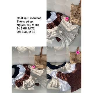 Màu Be - Áo Cộc Tay Cổ Vuông Vai Bồng Bo Chun Chất Liệu Linen