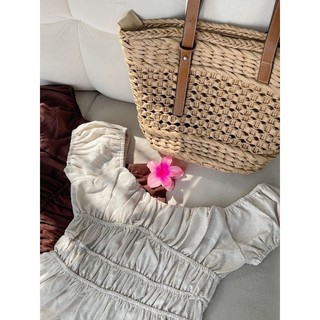 Màu Be - Áo Cộc Tay Cổ Vuông Vai Bồng Bo Chun Chất Liệu Linen