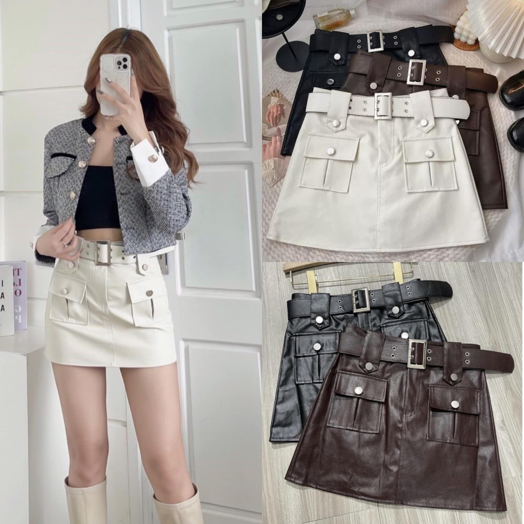 Chân váy da Loại 1, 3 màu, dáng A, 2 Lớp, bên trong lót vải. Mã TLB#1001