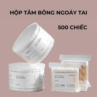 Hộp 500 Tăm Bông Lấy Ráy Tai Cotton 2 Đầu Thân Gỗ An Toàn Vệ Sinh, Tăm Bông Ngoáy Tai Tiệt Trùng 88475