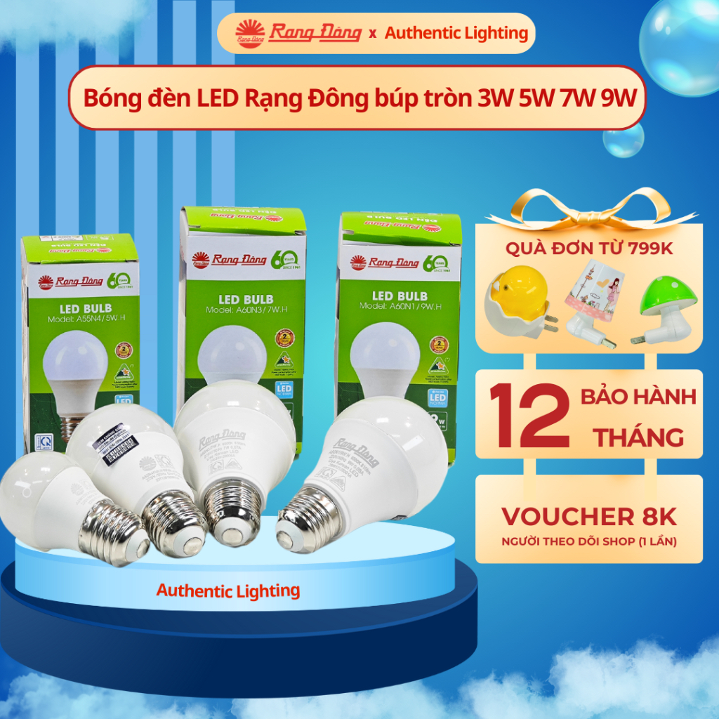 Bóng đèn LED Rạng Đông búp tròn 3W 5W 7W 9W, as trắng/vàng, tiết kiệm ...