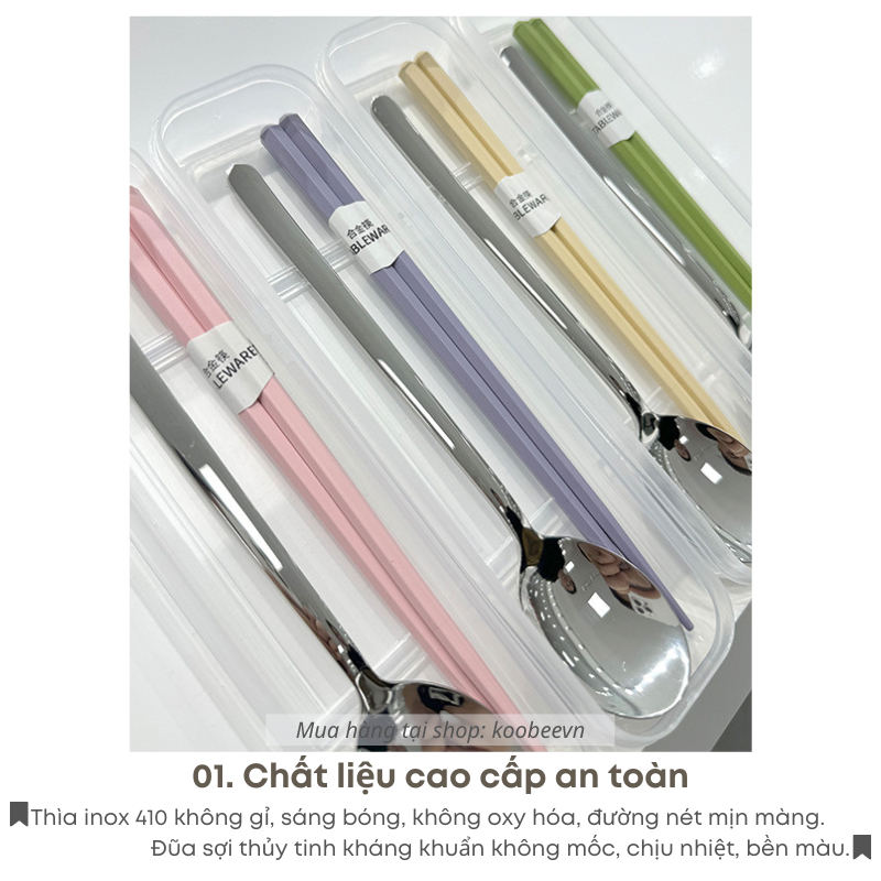 Bộ Đũa Thìa/Muỗng Inox Có Hộp Đựng KOOBEE Dành Cho Cá Nhân, Học Sinh, Văn Phòng | 075