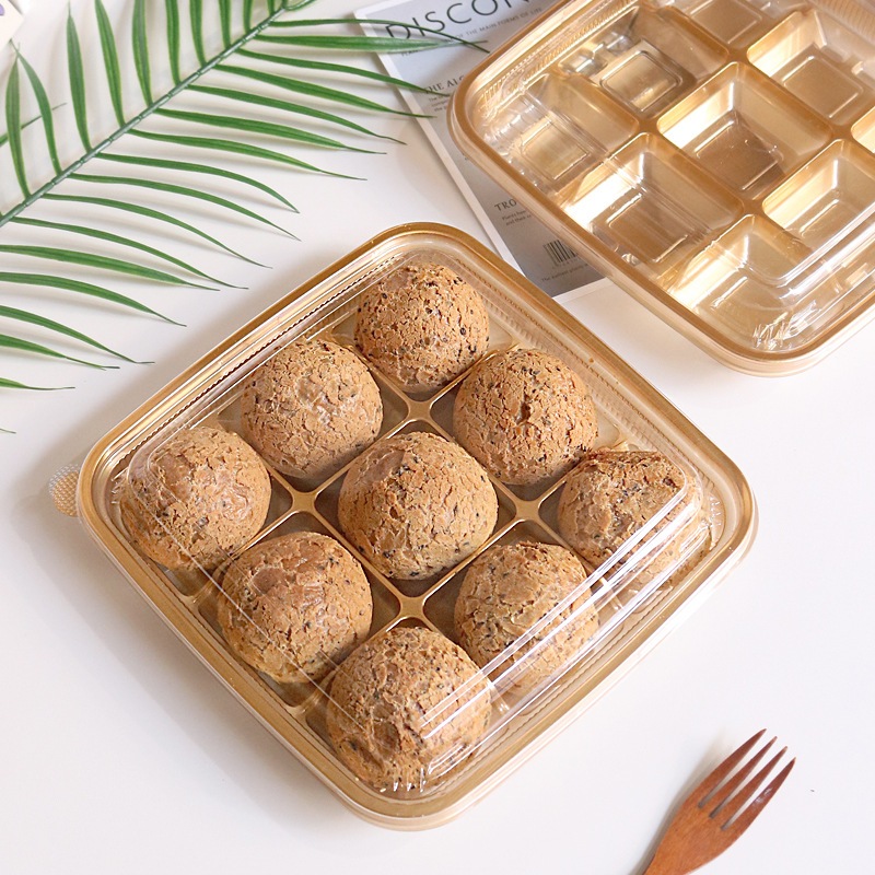 [10-50 cái] Hộp nhựa/Khay 9 ô đế vàng nắp trong T450 đựng bánh Dứa, Mochi, bánh trung thu-BB206