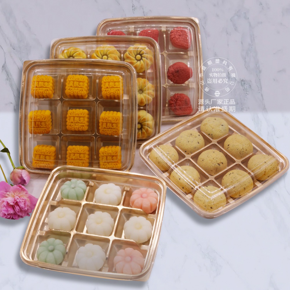 [10-50 cái] Hộp nhựa/Khay 9 ô đế vàng nắp trong T450 đựng bánh Dứa, Mochi, bánh trung thu-BB206