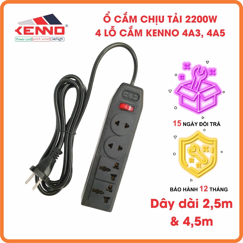 Ổ Cắm Điện Đa Năng Chịu Tải 1200W Kenno 4 Lỗ Cắm Có Công Tắc, Chuyên dùng nồi cơm, siêu tốc...