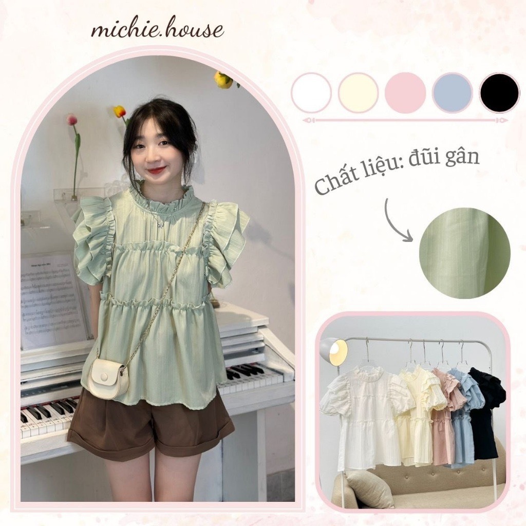Áo babydoll cánh tiên tay bèo màu pastel, áo sơ mi kiểu nữ tay cánh tiên nhún bèo, áo babydoll cánh tiên đũi gân xinh