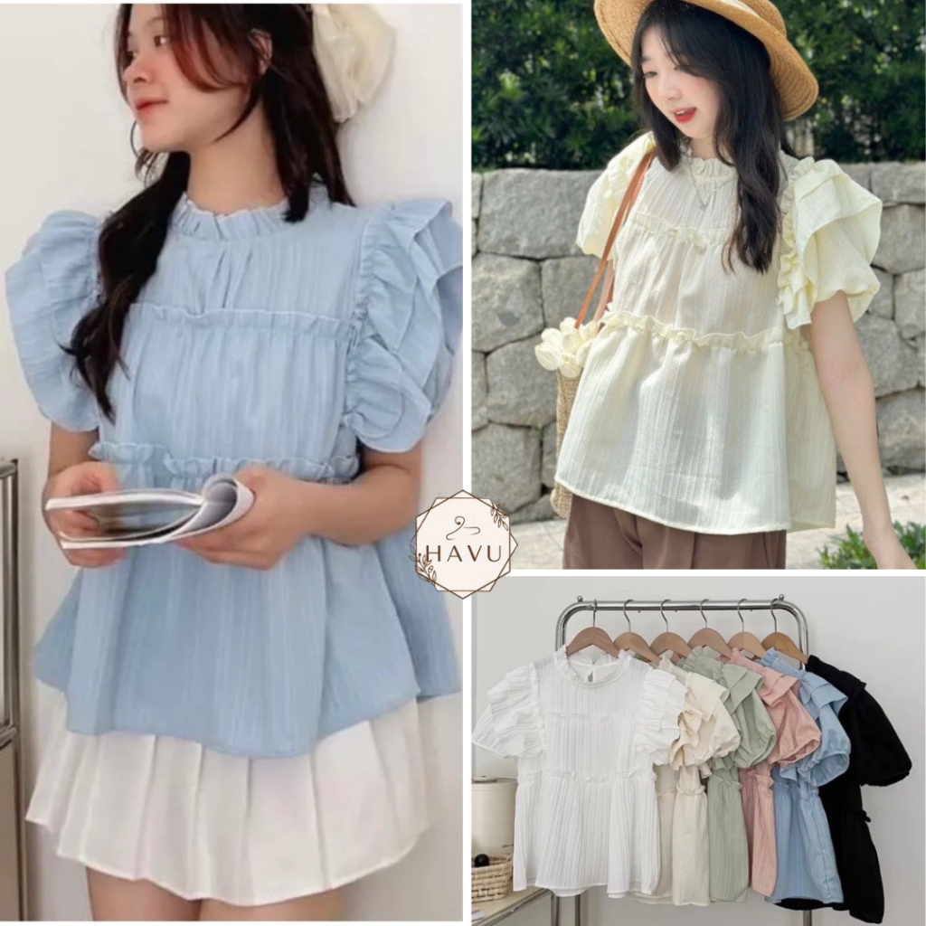 Áo babydoll cánh tiên tay bèo màu pastel, áo sơ mi kiểu nữ tay cánh tiên nhún bèo, áo babydoll cánh tiên đũi gân xinh