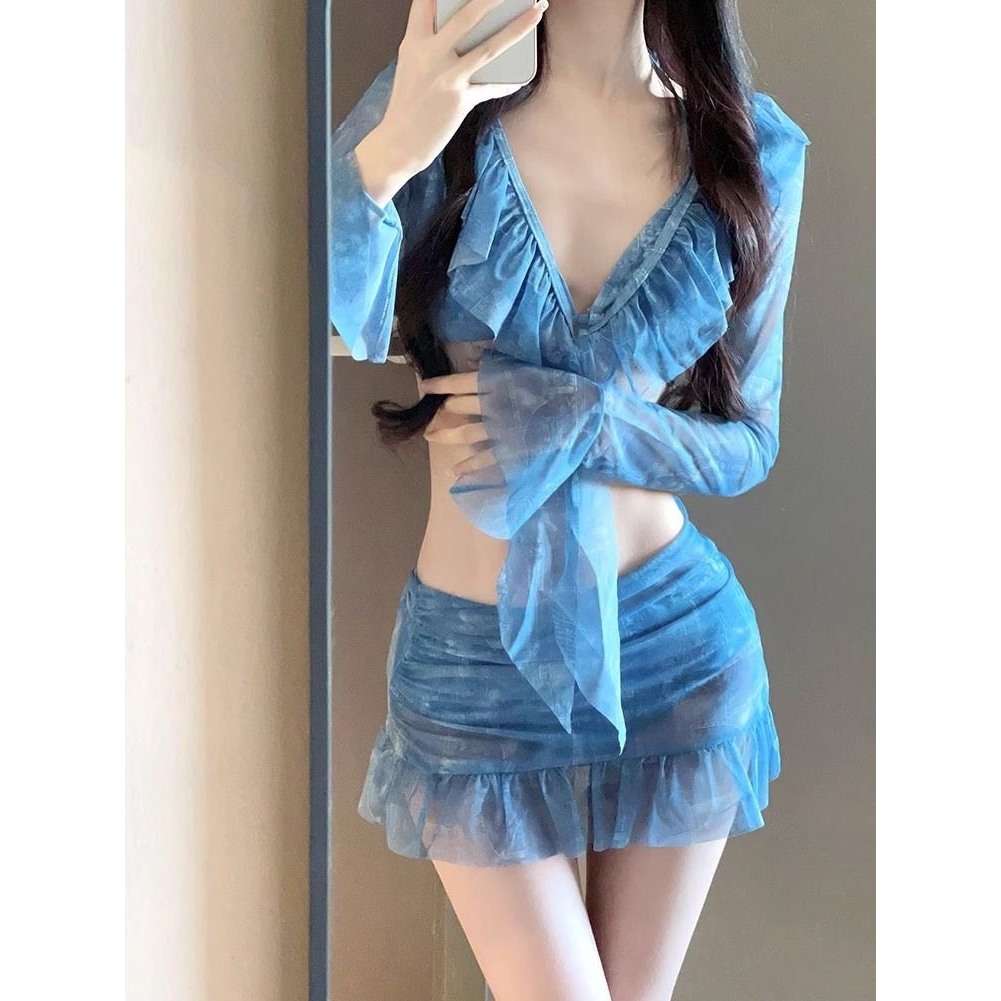 Set bộ đồ bơi áo tắm bikini 4 chi tiết có đệm ngực kèm áo choàng và quần quây đi biển MT33 BKN19