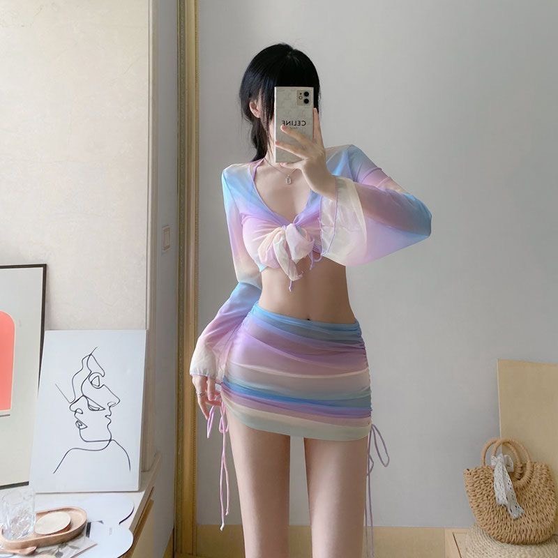 Set bộ đồ bơi bikini đi biển 4 chi tiết ôm body phối màu sắc cầu vồng thời trang xu hướng MT33 BKN22